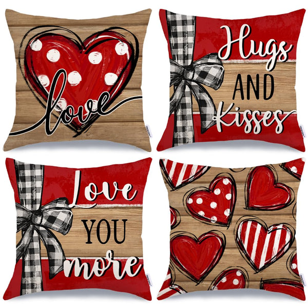 Valentine's Day Love You More Hugs and Kisses Throw Pillow Covers 18x18 Inch Set of 4