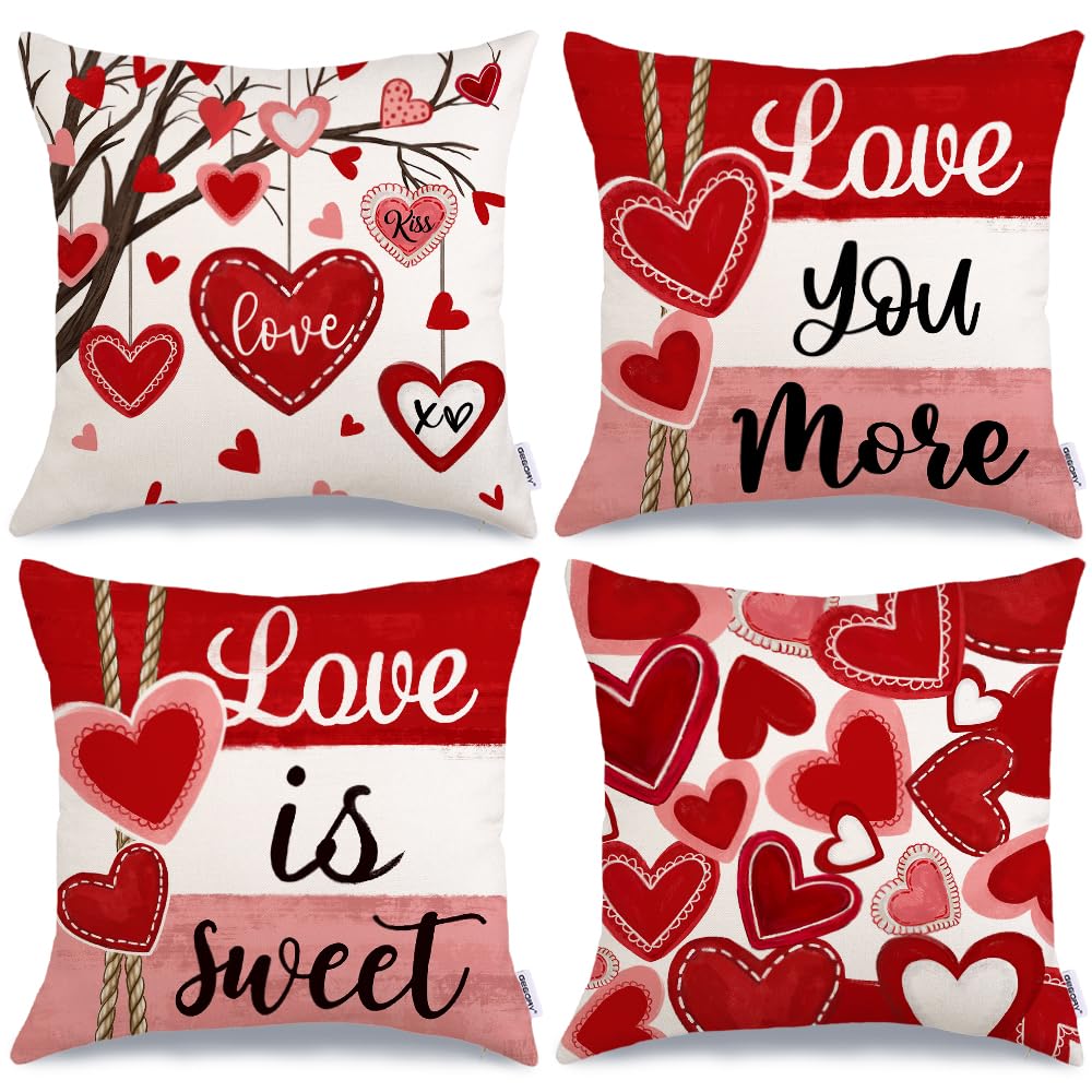 Valentine's Day Throw Pillow Covers 18x18 Inch Set of 4, Valentines Red Hearts Love You More