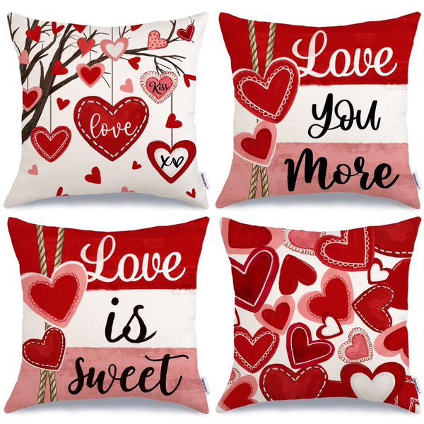 Valentine's Day Throw Pillow Covers 18x18 Inch Set of 4, Valentines Red Hearts Love You More