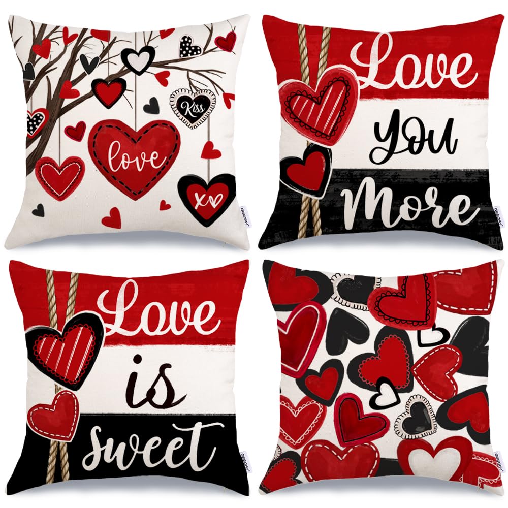 Valentine's Day Throw Pillow Covers 18x18 Inch Set of 4, Valentines Red Black Hearts Love You More