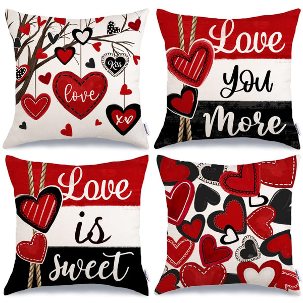 Valentine's Day Throw Pillow Covers 18x18 Inch Set of 4, Valentines Red Black Hearts Love You More