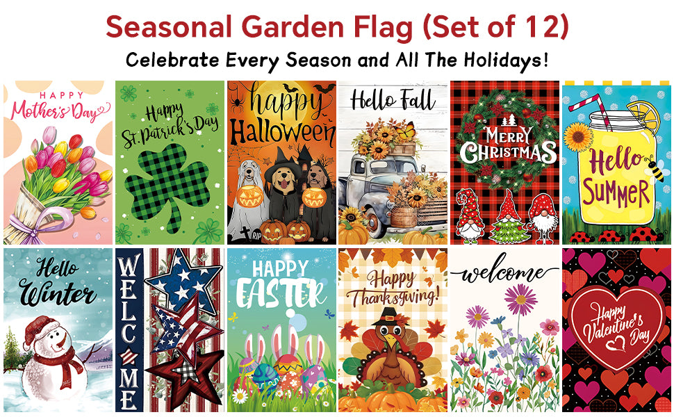 Seasonal Garden Flags Set of 12 Single Sided 12 x 18, Small Yard Flags for Outside, Summer Fall Garden Flag