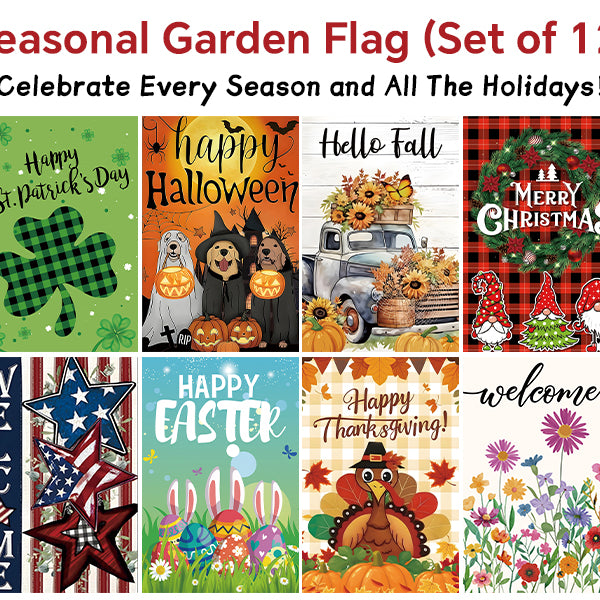 Seasonal Garden Flags Set of 12 Single Sided 12 x 18, Small Yard Flags for Outside, Summer Fall Garden Flag