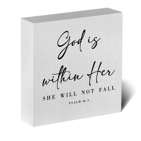God is within Her Bible Verse Artwork Wood Box Sign Rustic Farmhouse Style Psalm 46 : 5 Christian Wood Block Plaque