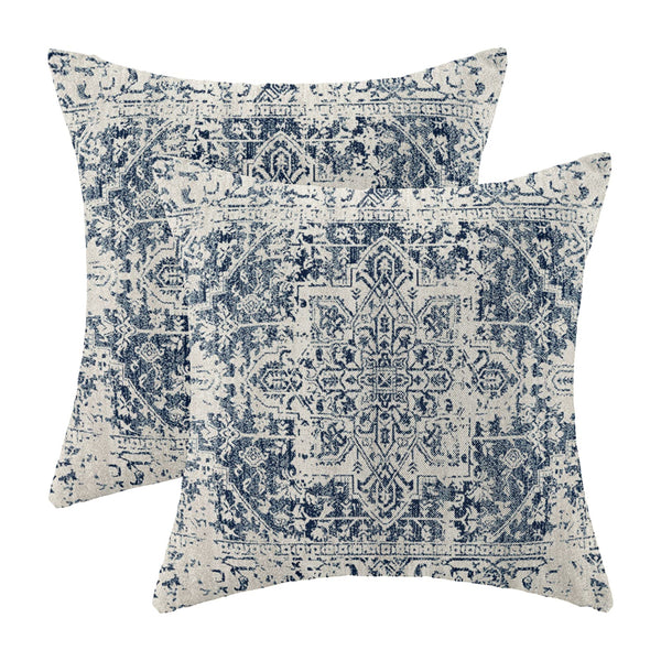 Boho Pillow Covers 18x18 Set of 2, Ethnic Design Decorative Throw Pillows Linen Blue Carpet