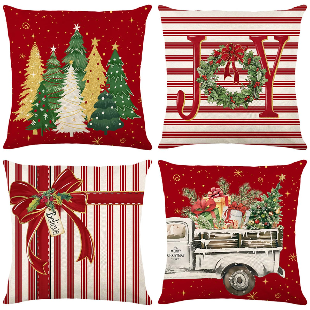 Red Christmas Throw Pillow Covers 18x18 Inch Set of 4, Winter Holiday Xmas Trees Joy Wreath Bow Vintage Truck