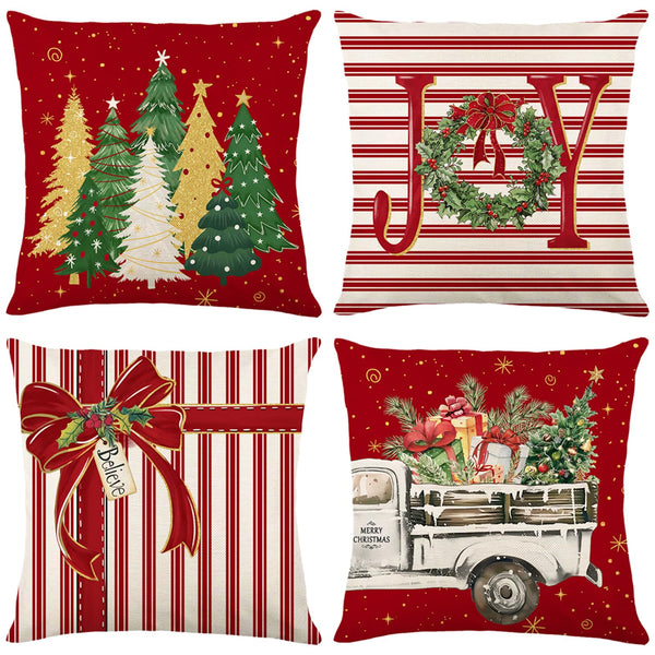 Red Christmas Throw Pillow Covers 18x18 Inch Set of 4, Winter Holiday Xmas Trees Joy Wreath Bow Vintage Truck