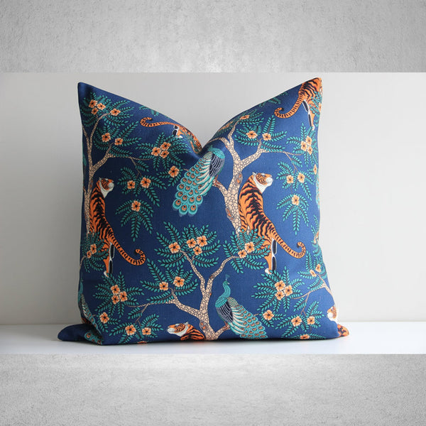 Gray / Aegian-blue Tiger and Peacock Throw Pillow Cover - Animal Decor Cushion Cover, Tropical Jungle