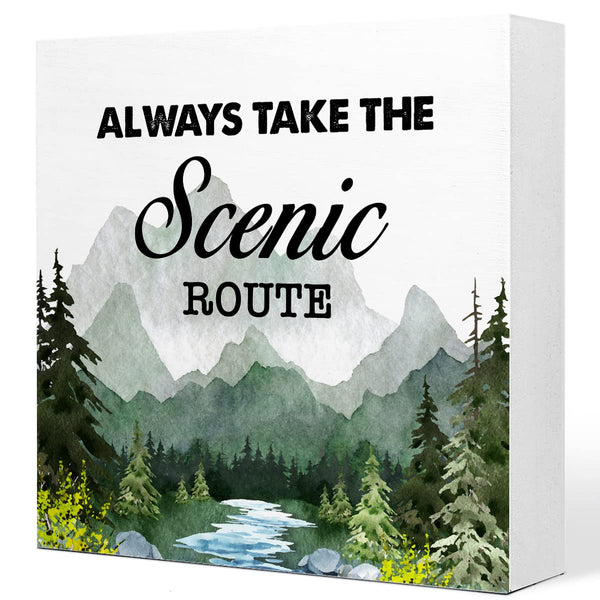 Green Always Take the Scenic Route Woodland Backdrop Camping Wood Plaque Sign Desk Decor