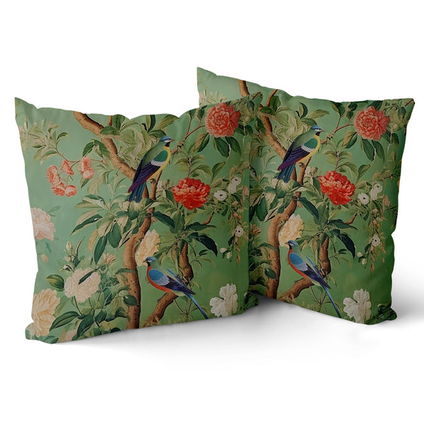 Waterproof Green Chinoiserie Pillow Cover 18x18 Inch Vintage Bird Flower Throw Pillow Covers