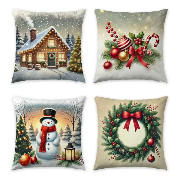 Super Soft Polyester Fabric Christmas Pillow Covers 18x18 inch Set of 4, Holiday Winter Tree