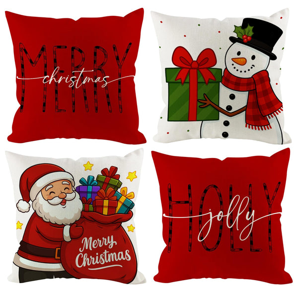 Christmas Pillow Covers 18x18 inch Set of 4, Holiday Winter Indoor Red Vintage Xmas White Snowman Burgundy