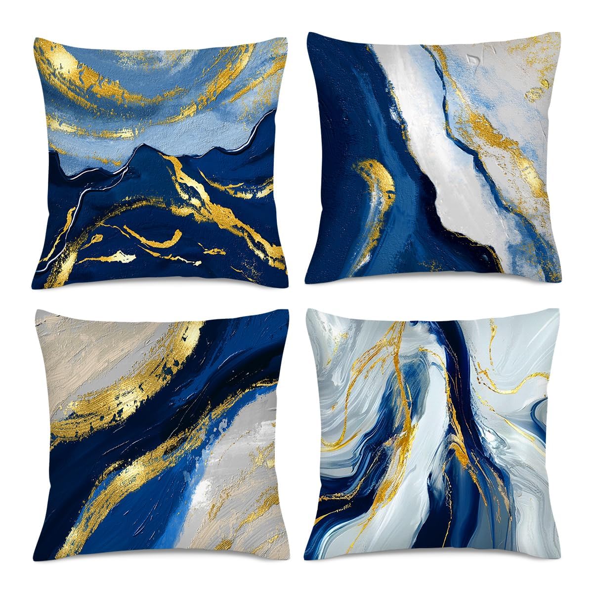 Navy Blue and Gold Throw Pillow Covers 18x18 Inches Set of 4, Modern Decorative Abstract Oil Painting Pillow Cover