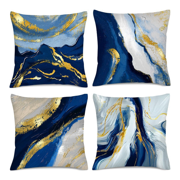 Navy Blue and Gold Throw Pillow Covers 18x18 Inches Set of 4, Modern Decorative Abstract Oil Painting Pillow Cover