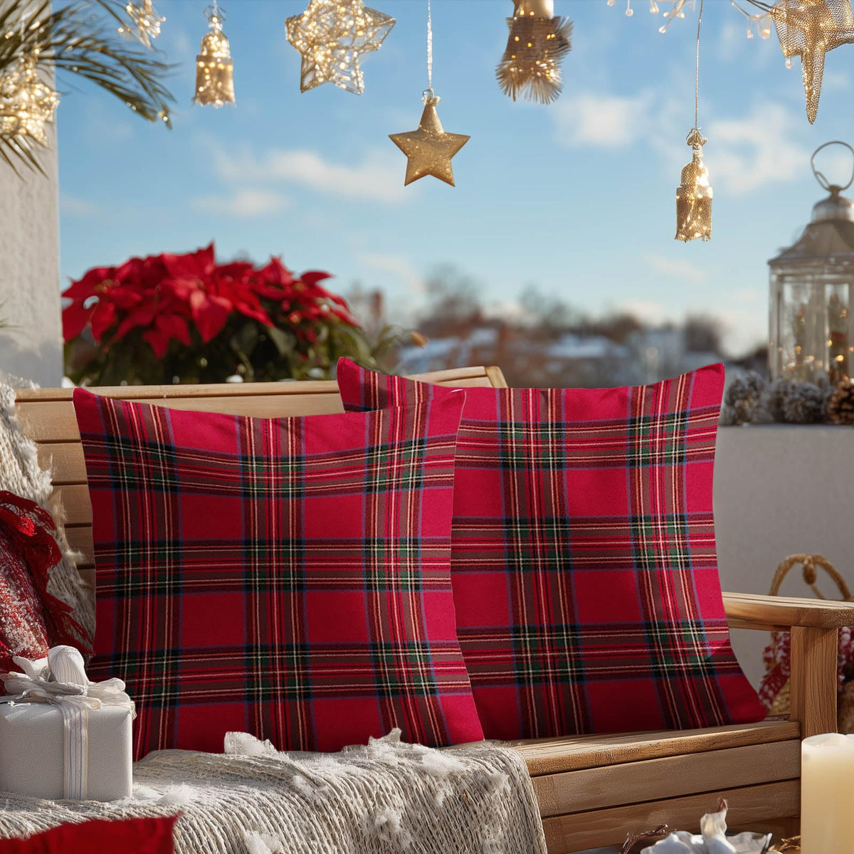 Set of 2 Christmas Throw Pillow Covers 18x18 Inch Soft Decorative Red Plaid Cushion Covers