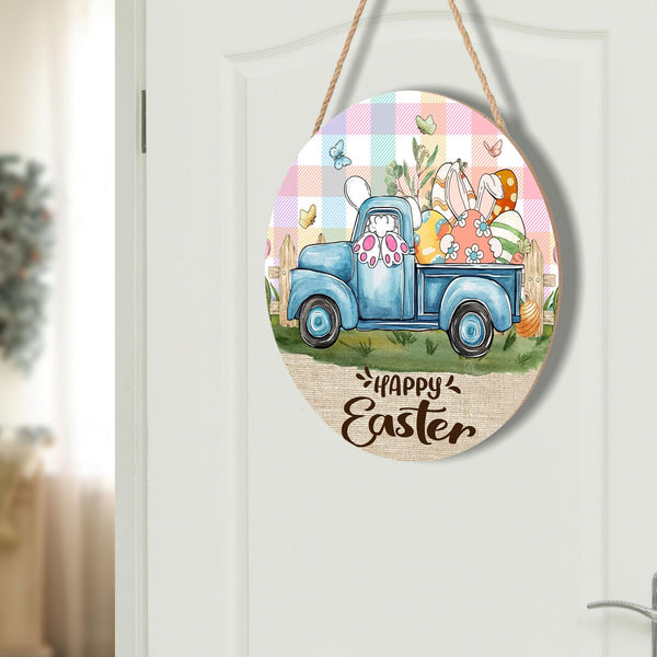 Happy Easter Blue Truck Door Sign For Front Door Decor,Bunny Rabbit Eggs Butterflies Wooden Sign