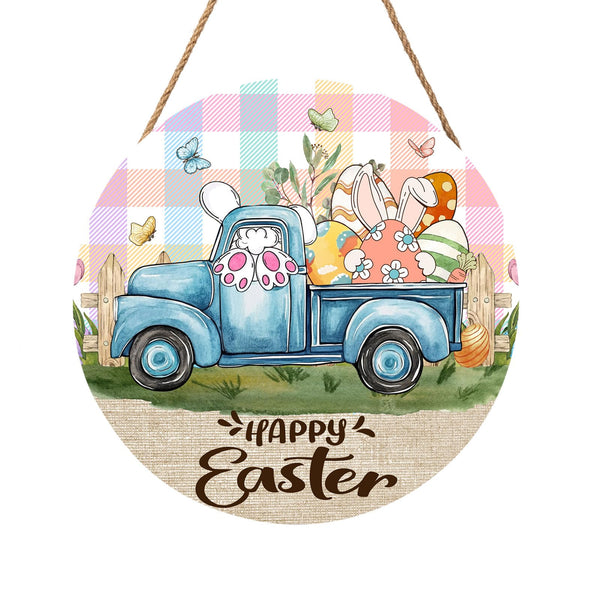 Happy Easter Blue Truck Door Sign For Front Door Decor,Bunny Rabbit Eggs Butterflies Wooden Sign