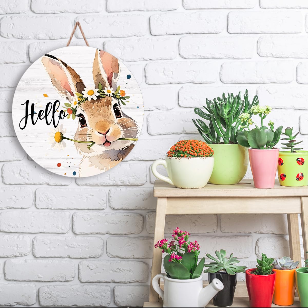 Happy Easter Door Sign, Hello Easter Wall Decorations, Bunny Rabbit Wooden Hanging Sign for Spring Holiday Indoor