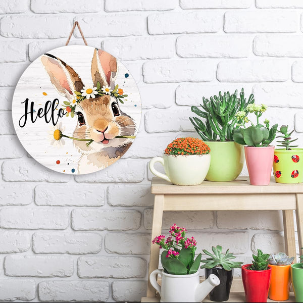 Happy Easter Door Sign, Hello Easter Wall Decorations, Bunny Rabbit Wooden Hanging Sign for Spring Holiday Indoor