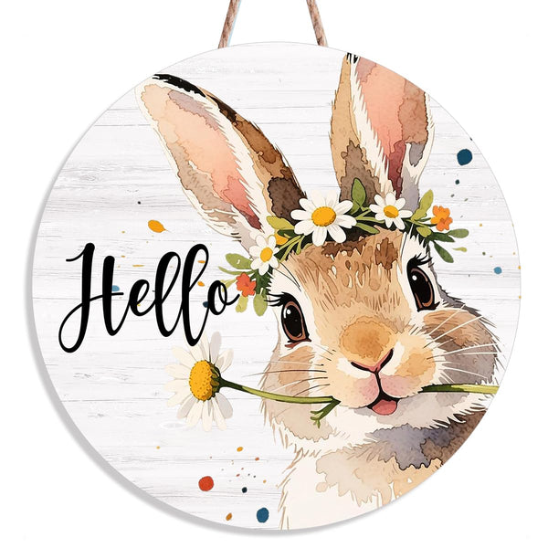 Happy Easter Door Sign, Hello Easter Wall Decorations, Bunny Rabbit Wooden Hanging Sign for Spring Holiday Indoor