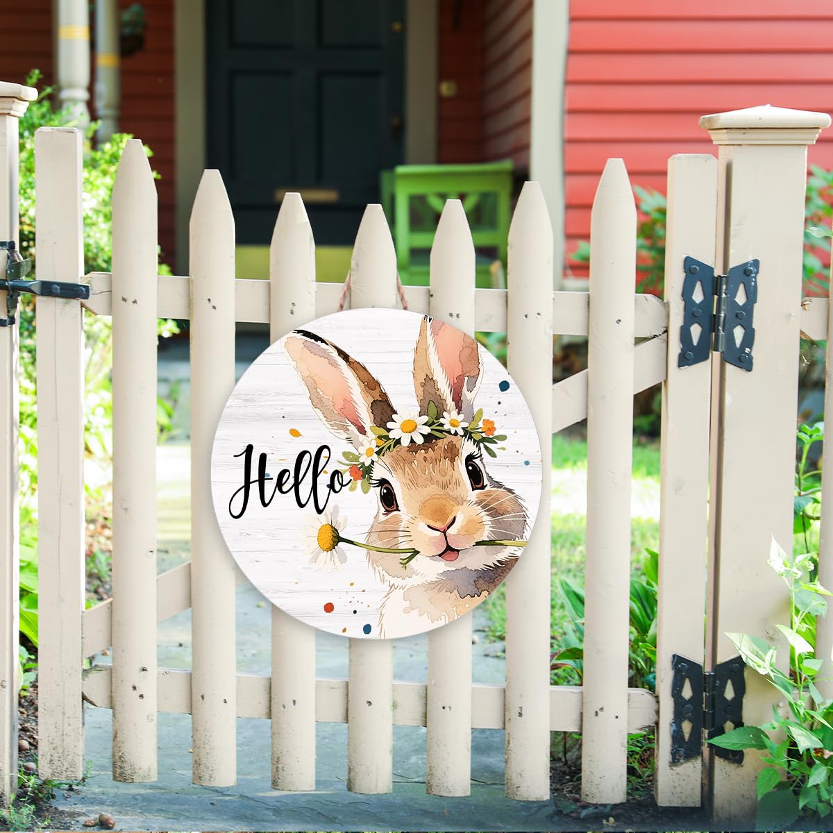 Happy Easter Door Sign, Hello Easter Wall Decorations, Bunny Rabbit Wooden Hanging Sign for Spring Holiday Indoor