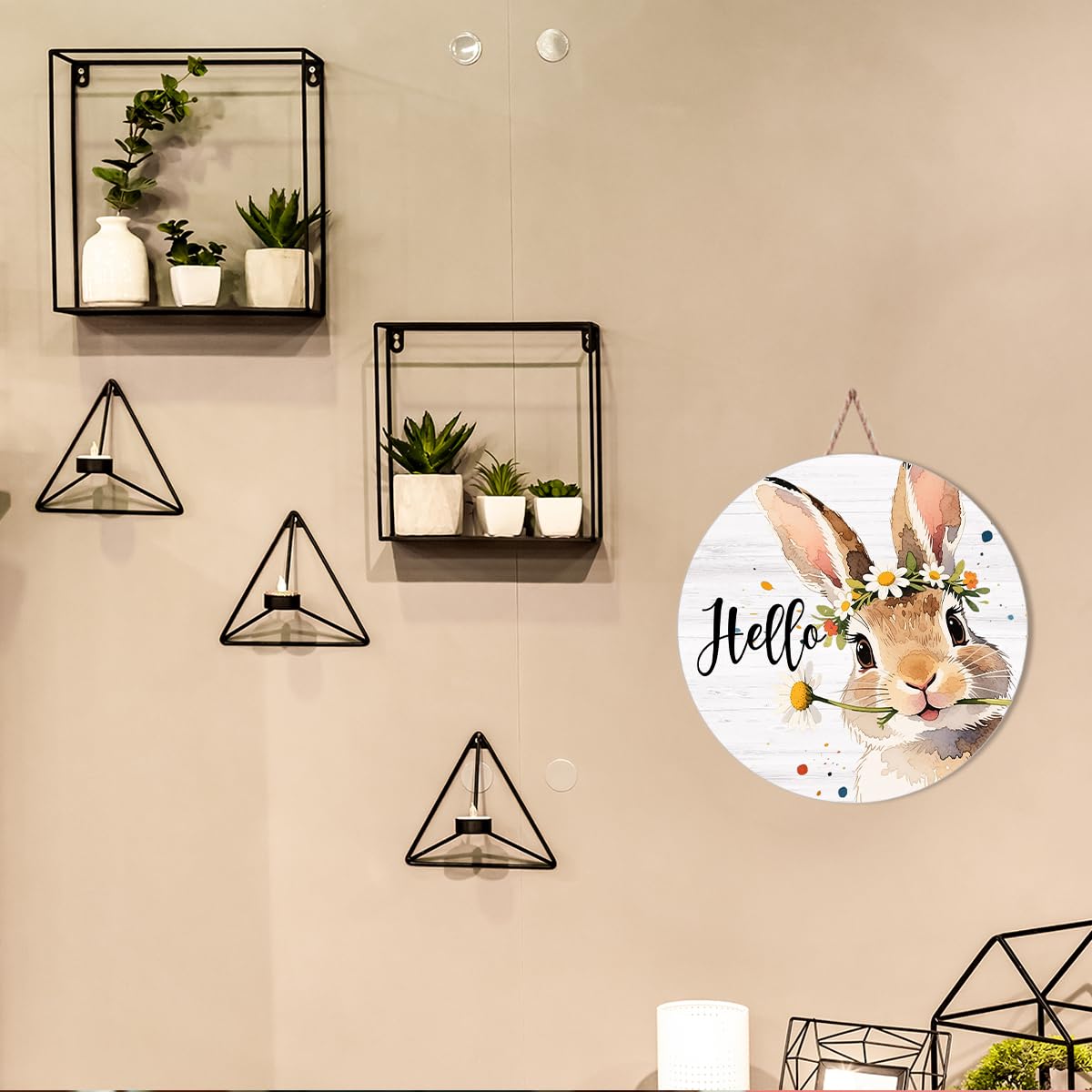 Happy Easter Door Sign, Hello Easter Wall Decorations, Bunny Rabbit Wooden Hanging Sign for Spring Holiday Indoor