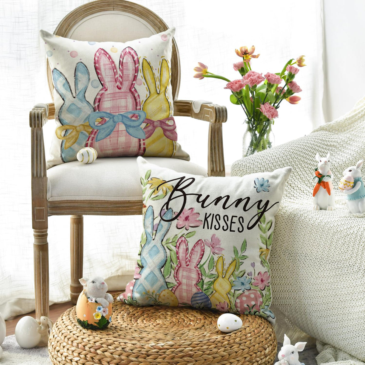 Happy Easter Rabbit Easter Eggs Colorful Flowers Throw Pillow Covers, 18 x 18 Inch