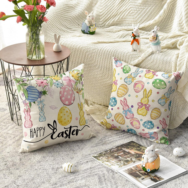 Happy Easter Rabbit Easter Eggs Colorful Flowers Throw Pillow Covers, 18 x 18 Inch