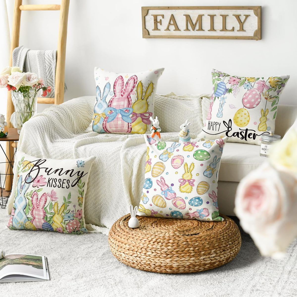 Happy Easter Rabbit Easter Eggs Colorful Flowers Throw Pillow Covers, 18 x 18 Inch
