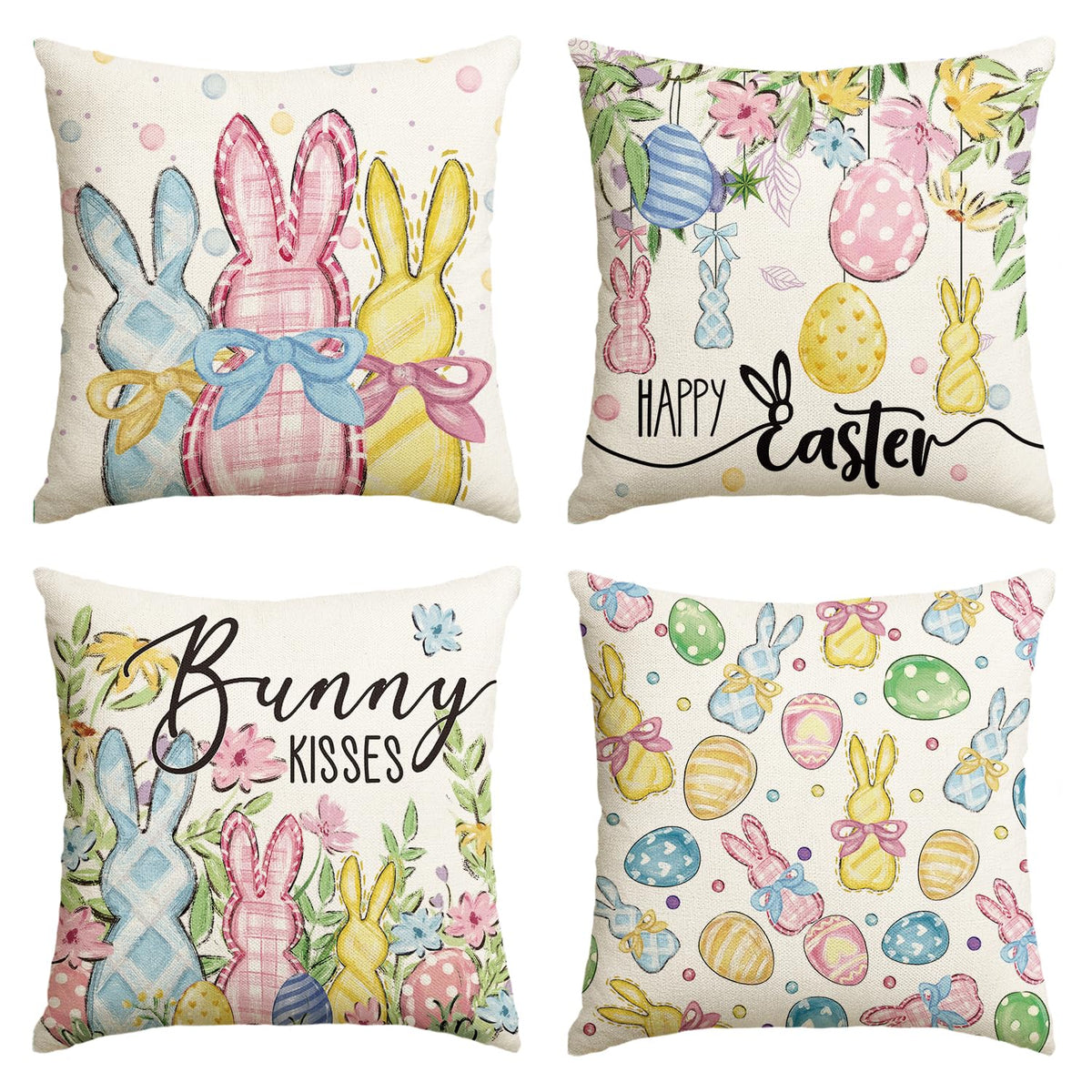 Happy Easter Rabbit Easter Eggs Colorful Flowers Throw Pillow Covers, 18 x 18 Inch
