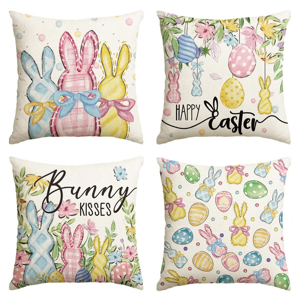 Happy Easter Rabbit Easter Eggs Colorful Flowers Throw Pillow Covers, 18 x 18 Inch