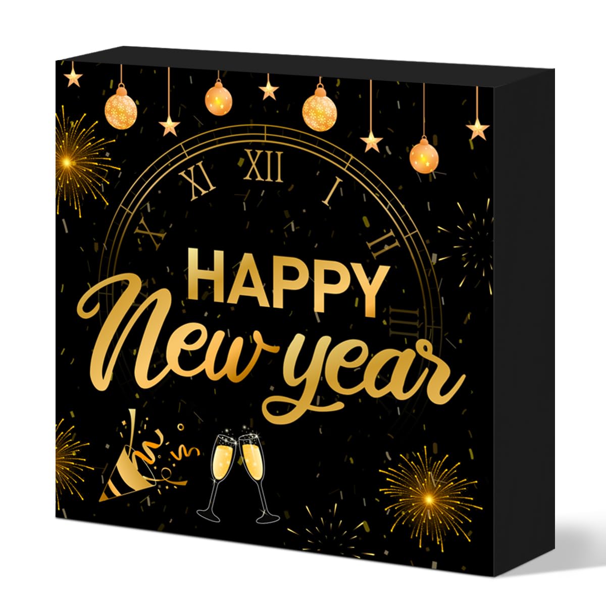 Happy New Year Decorations Gold Black Wooden Box Sign Happy New Year Party Decor