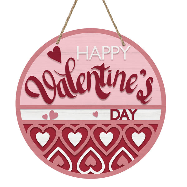 Happy Valentine's Day Sign for Front Door Decor, Red Pink Love Hearts Wood Door Hanger for Outdoor Outside Porch