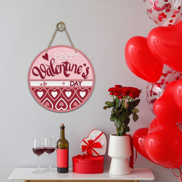 Happy Valentine's Day Sign for Front Door Decor, Red Pink Love Hearts Wood Door Hanger for Outdoor Outside Porch