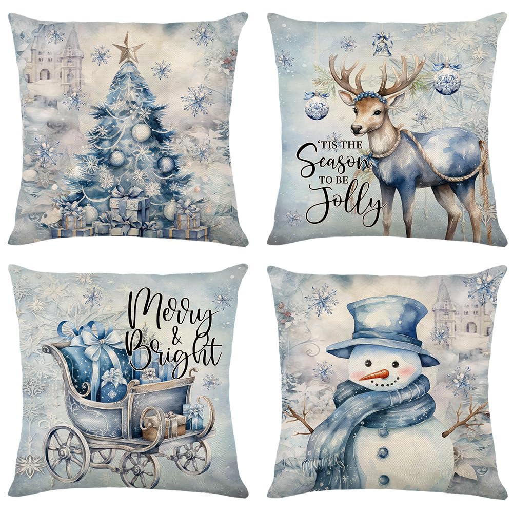 Christmas Throw Pillow Covers 18x18 Set of 4,Merry Christmas Tree Reindeer Sleigh Snowman Blue and White Xmas