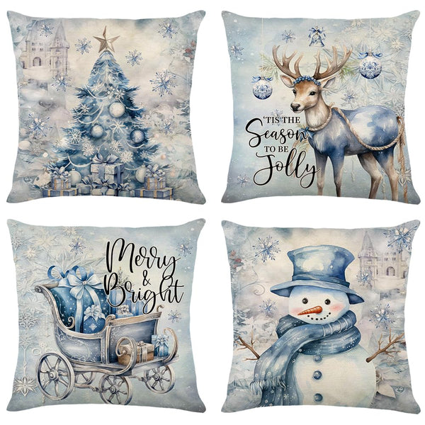 Christmas Throw Pillow Covers 18x18 Set of 4,Merry Christmas Tree Reindeer Sleigh Snowman Blue and White Xmas