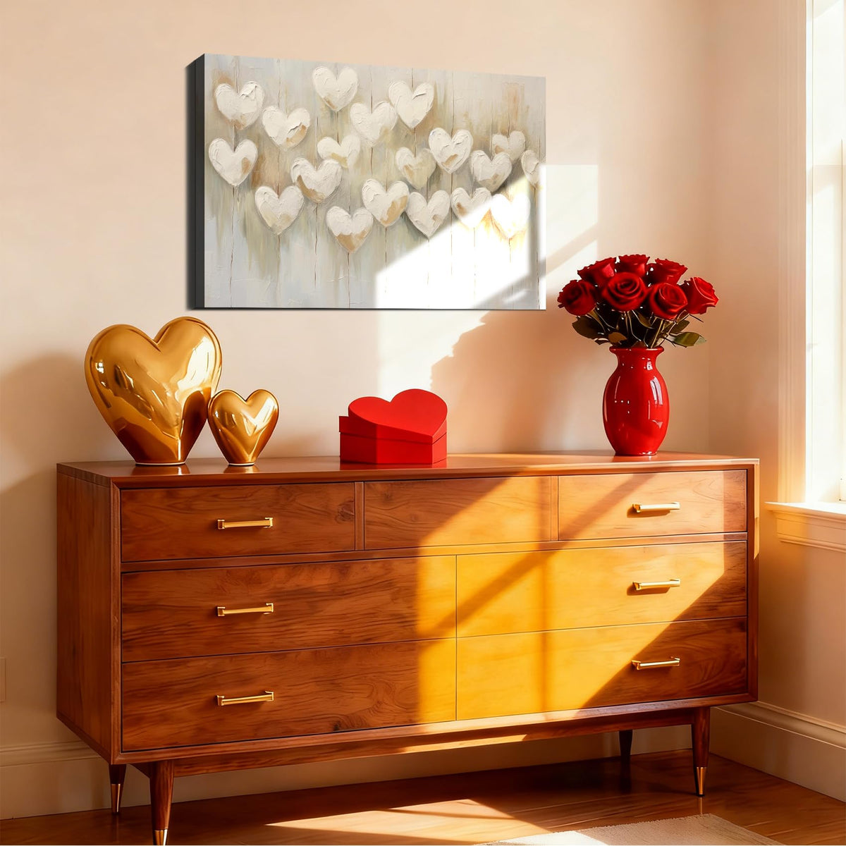 Heart Art for Valentine's Day 8x12 In, Elegant Beige Framed Canvas Wall Art, Attractive Valentine Pictures for Bedroom