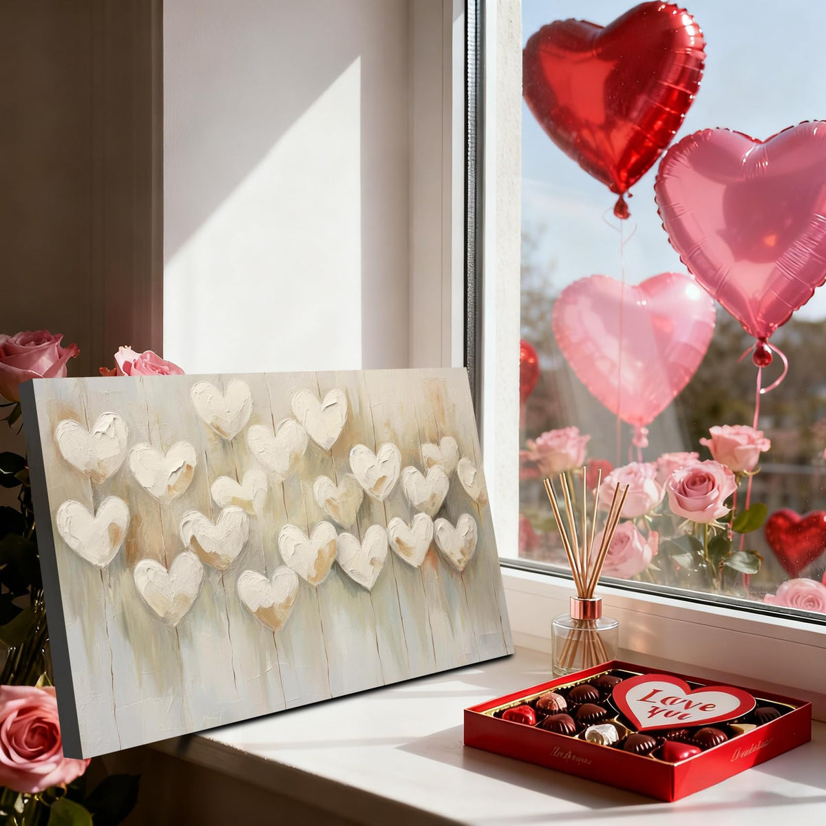 Heart Art for Valentine's Day 8x12 In, Elegant Beige Framed Canvas Wall Art, Attractive Valentine Pictures for Bedroom