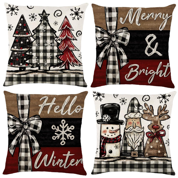 Christmas Throw Pillow Covers Set of 4，18x18 Inch Xmas Trees Snowman Santa Elk Buffalo Plaid Merry Christmas