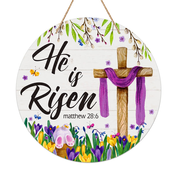 He is Risen Decor Sign-8" Religious Christian Sign Easter Wreath for Front Door Decoration Vintage Easter Farmhouse Floral Hanger