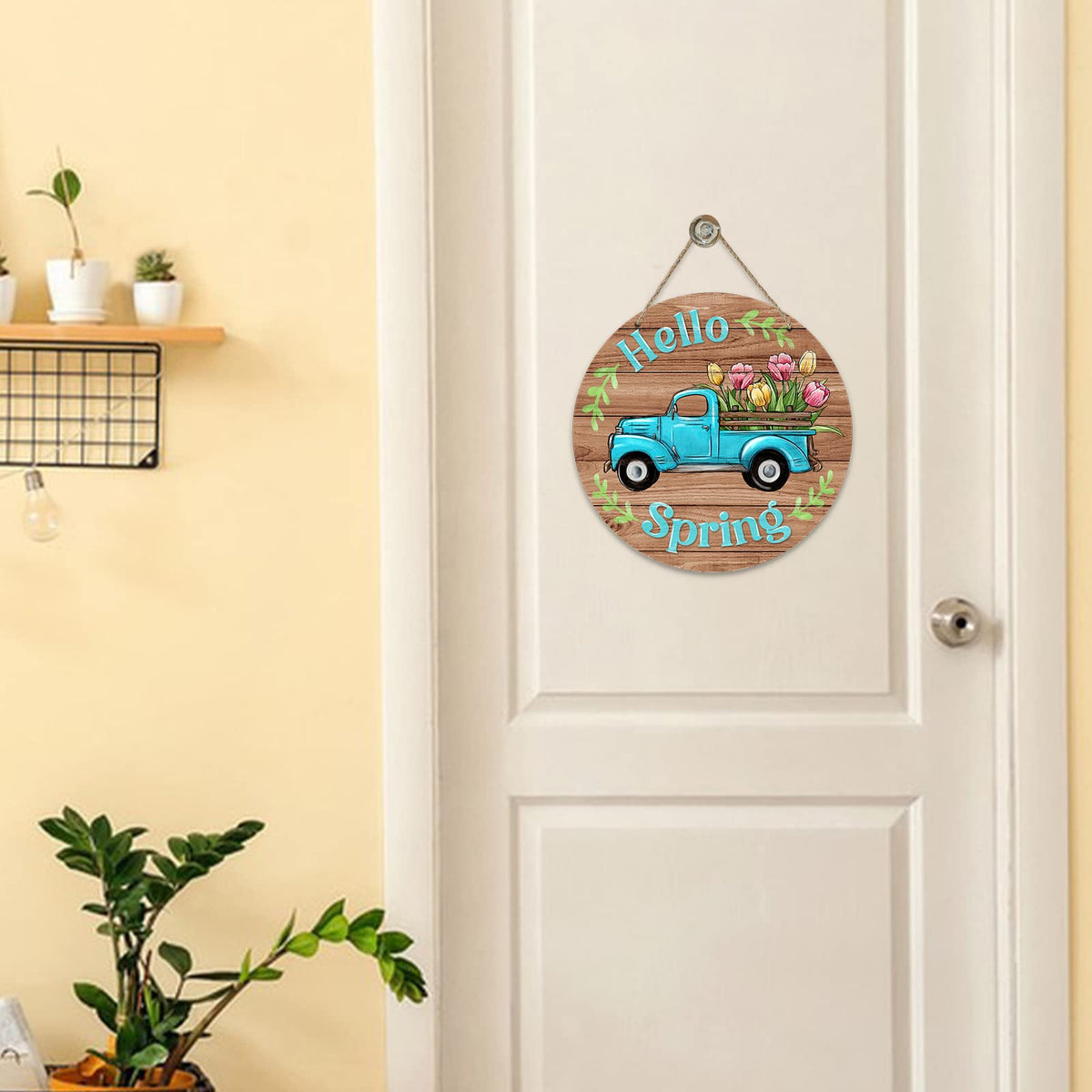 Hello Spring Blue Truck Sign for Front Door Decor, Tulip Flowers Pickup Wood Door Hanger for Outdoor Outside Porch