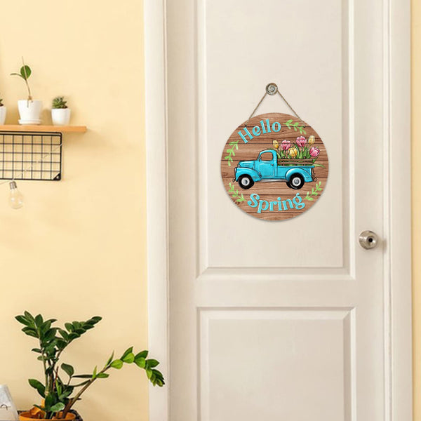 Hello Spring Blue Truck Sign for Front Door Decor, Tulip Flowers Pickup Wood Door Hanger for Outdoor Outside Porch
