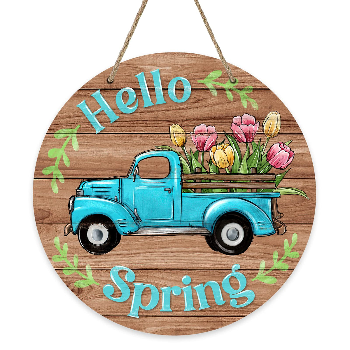 Hello Spring Blue Truck Sign for Front Door Decor, Tulip Flowers Pickup Wood Door Hanger for Outdoor Outside Porch