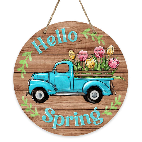 Hello Spring Blue Truck Sign for Front Door Decor, Tulip Flowers Pickup Wood Door Hanger for Outdoor Outside Porch