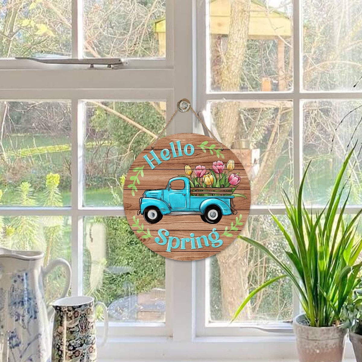 Hello Spring Blue Truck Sign for Front Door Decor, Tulip Flowers Pickup Wood Door Hanger for Outdoor Outside Porch