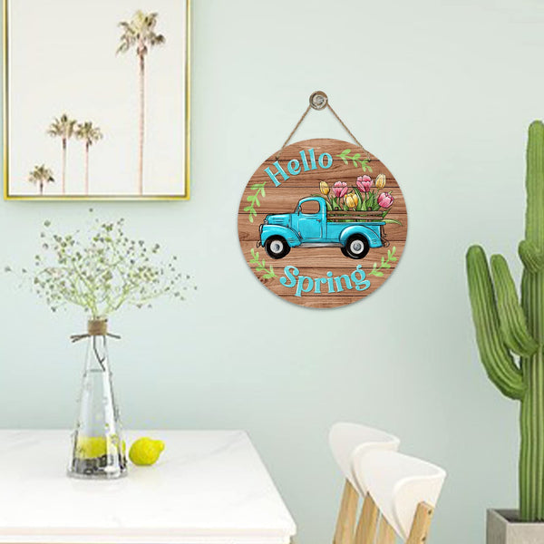 Hello Spring Blue Truck Sign for Front Door Decor, Tulip Flowers Pickup Wood Door Hanger for Outdoor Outside Porch