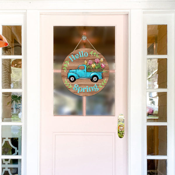 Hello Spring Blue Truck Sign for Front Door Decor, Tulip Flowers Pickup Wood Door Hanger for Outdoor Outside Porch