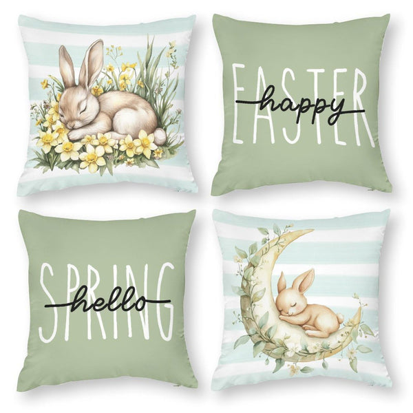 Waterproof Hello Spring Decorative Throw Pillow Covers Easter Bunny Set of 4, 1-Side, Cotton Linen
