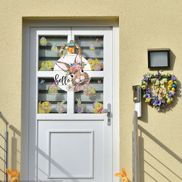 Hello Summer Easter Bunny Rabbit Sign for Front Door Decor, Daisy Flowers Wood Door Hanger for Outdoor Outside Porch