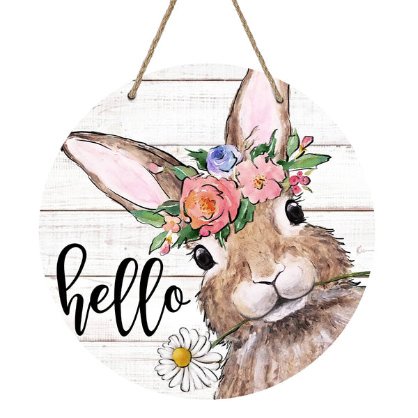 Hello Summer Easter Bunny Rabbit Sign for Front Door Decor, Daisy Flowers Wood Door Hanger for Outdoor Outside Porch
